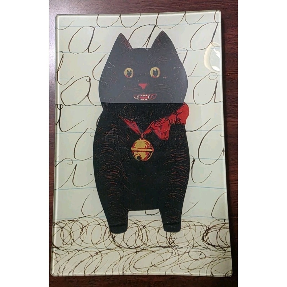 John Derian Decoupage Glass Tray Black Cat Red Bow Bell 6x9 Rectangle New York
